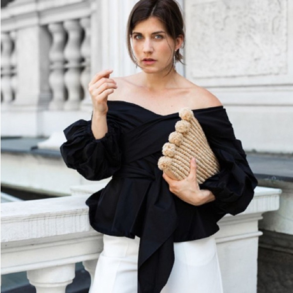 Black Puff Sleeve Wrap Top